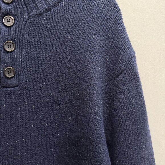 Nautica Men’s XL Navy Button Mock Neck Wool Blend Sweater Cozy Cabin Gorp Core - Picture 2 of 8